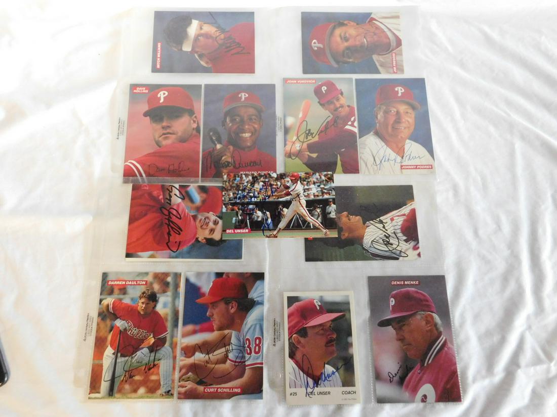 Autographed Phillies Photos: Autographed Phillies Photos, with advertising and stats on back including: Tastykake - 1985, Del Unger (coach), 3 1/2" x 5 1/4", 1989, John Vukouich (dug out cast) and Dennis Menke (hitting instr.), M