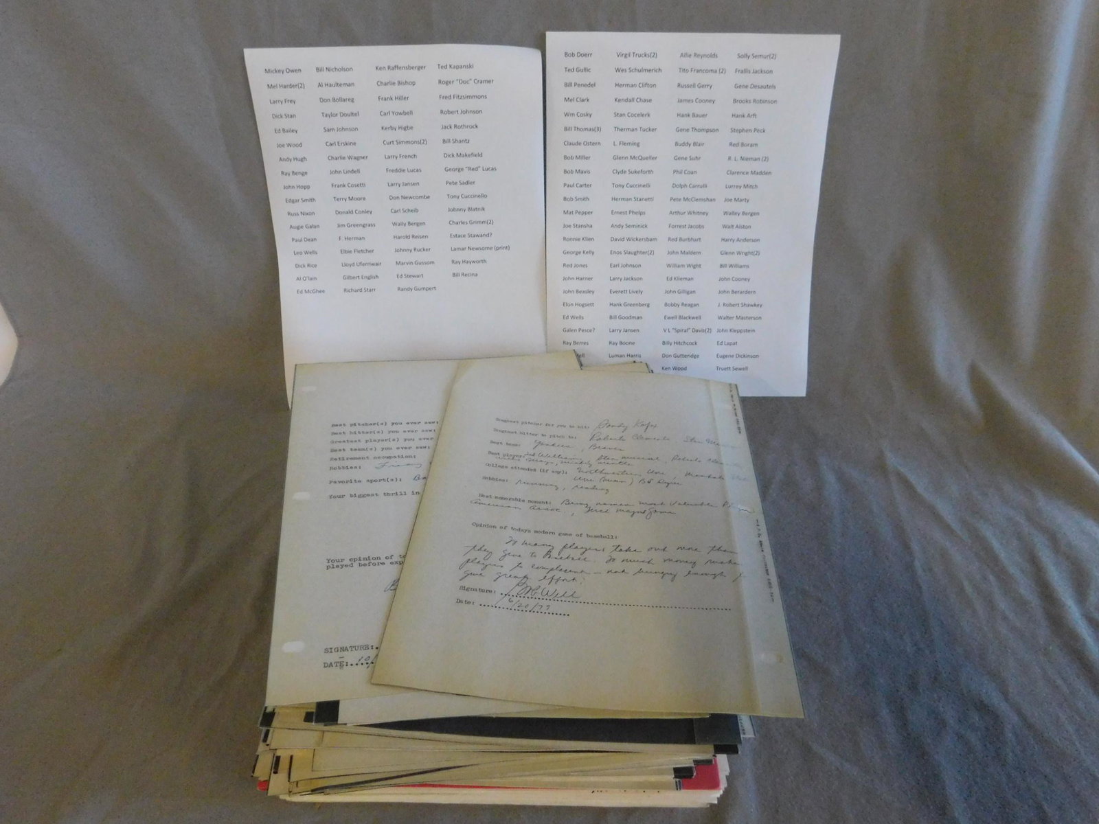 Rare Signed Baseball Player Survey Sheets (1 of 11)