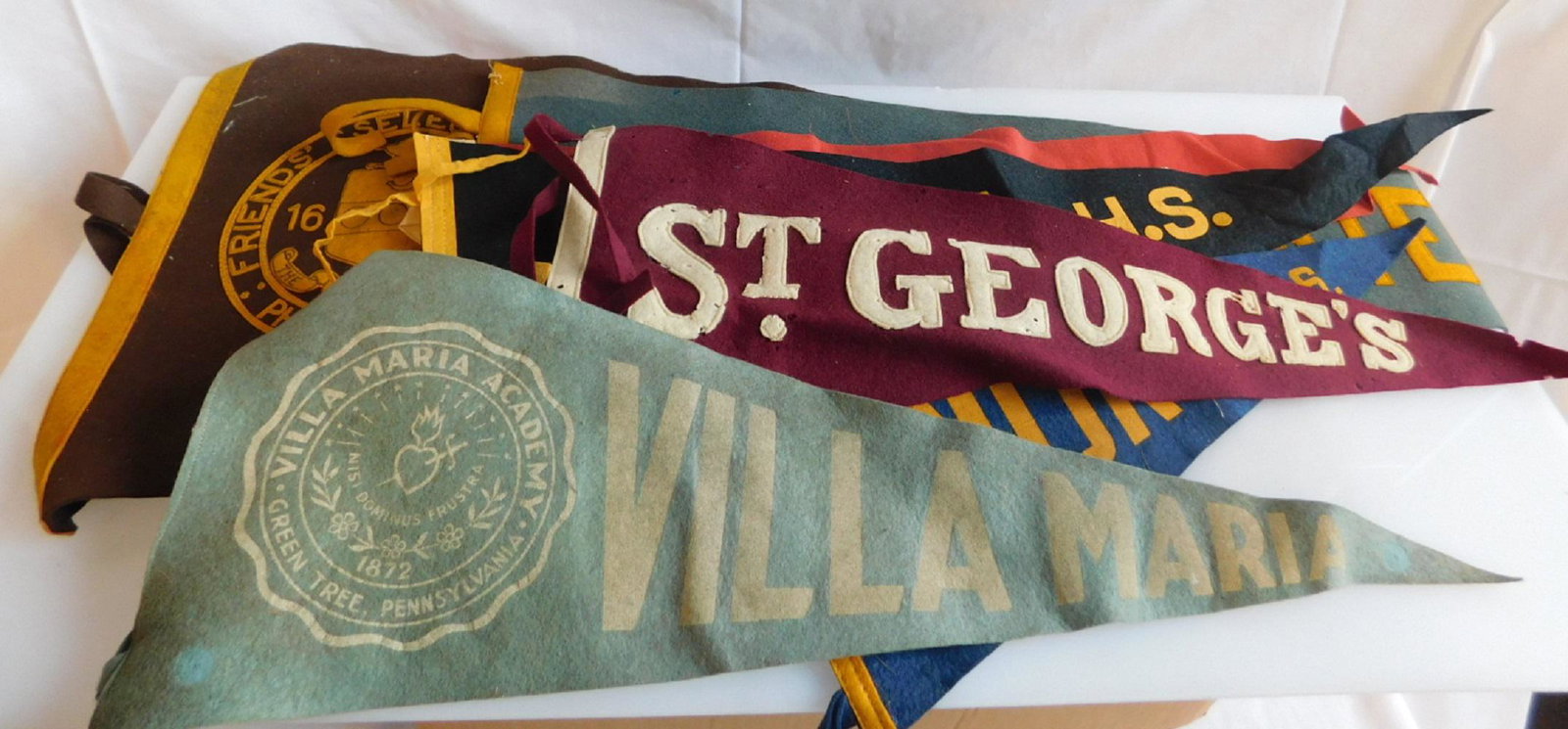 Vintage Phila Area School Pennants: Vintage Philadelphia Area School Pennants, all felt including: North H.S., 17", St. George's, Villa Maria, both 22 1/2", South H.S., West H.S., both 25 1/2", plus two larger - Penn Charter and Friend'
