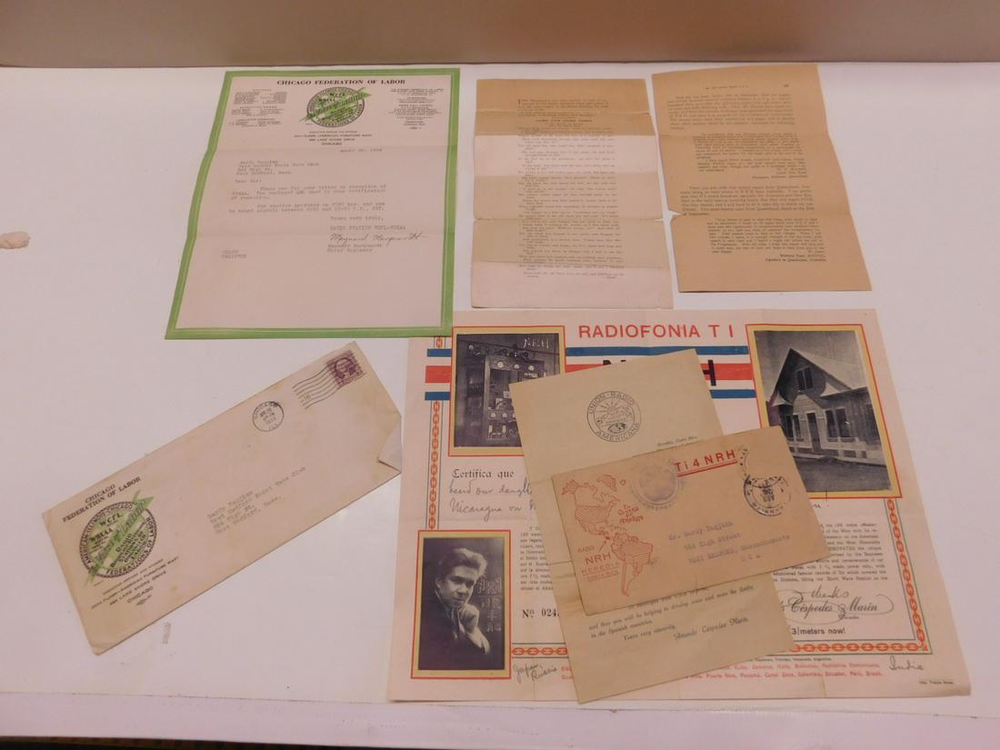 Vintage Voice of America Radio Ephemera: Vintage Voice of America Radio Ephemera, circa 1933, includes: "Radio fonca To NRH Costa Rica certificate; "Union Radio Americana" papers with Amondo Cespedes Marin printed names, "The Short Wave Voic
