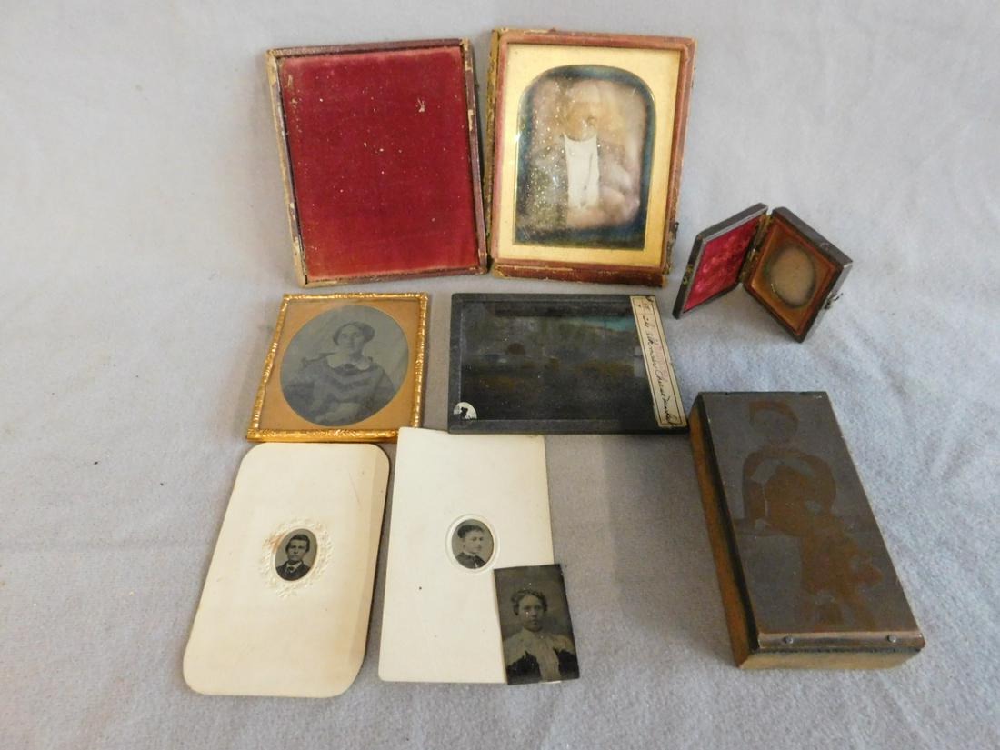 Vintage Photos Group: Vintage Photos Group, includes: an Ambrotype of gentleman in 4" x 4 1/4" case; a daguerreotype of "Aunt Elizabeth Clark" in brass frame, 2 3/4" x 3 1/4", a cased illegible Ambrotype, 1 3/4" x 2", thre