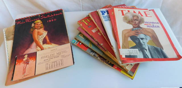 Pin Up Girl Calendars & Magazines: Pin Up Girl Calendars and Magazines, calendars include: 1950 Mac Pherson sketchbook and 1955 Hunter's Guide;1974 Marilyn Monroe Date Book, 1973 Marilyn Monroe "His Own Story" by George Carpozi Jr., 19