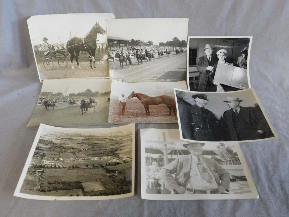 8 Sulky Related Photos: Eight Sulky Related Photos, 8" x 10", black and white photos, Sulky horse and riders, race scenes, race track, owners, etc., estimated 1930s - 40s. CONDITION: Generally good, a few with small edge tea