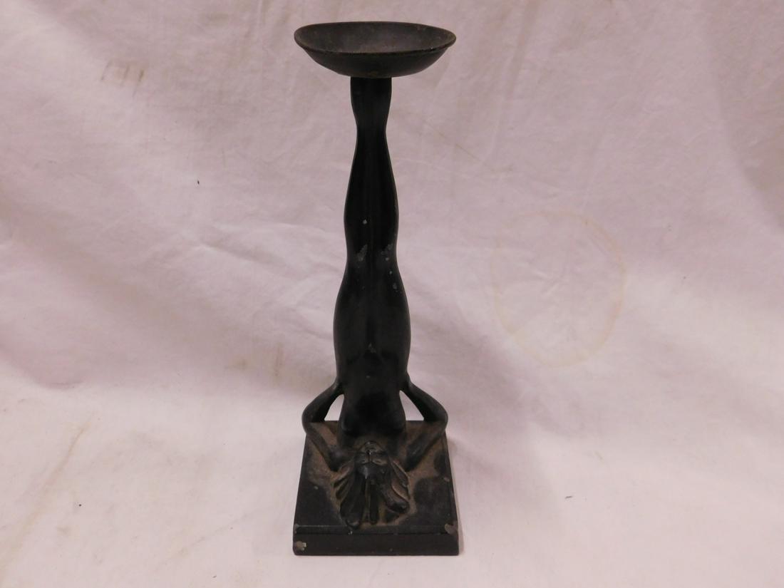 Frank Art Deco Candlestand: Frank Art deco candlestand not signed, black finished spelter metal with copper dish top, features female nude lying on her back with feet raised, circa 1930's, hgt 9 1/2". CONDITION: Areas of black p