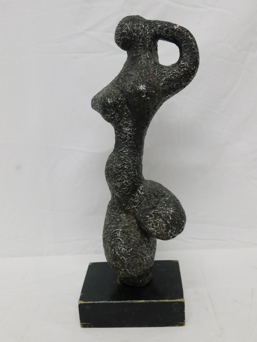 Brutalist Abstract Female Nude Sculpture: Brutalist Abstract Female Nude Sculpture, by Austin Productions, 1970?, textured silver / black composition on wood base, 17"h. CONDITION: Very small spotted finish wear on sculpture, base with heavy 