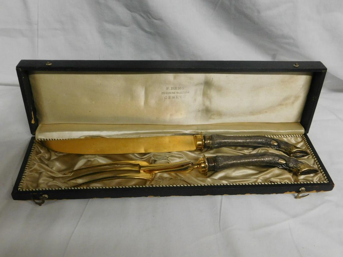 19th C Silver & Gold Wash Deer Hoof Carving Set: 19th C Silver & Gold Wash Deer Hoof Carving Set, F. Berg, Geneve fitted box, 800 and touch marks on two tone molded and chaised handles with monograms and dated 1889, gold washed blades, knife length