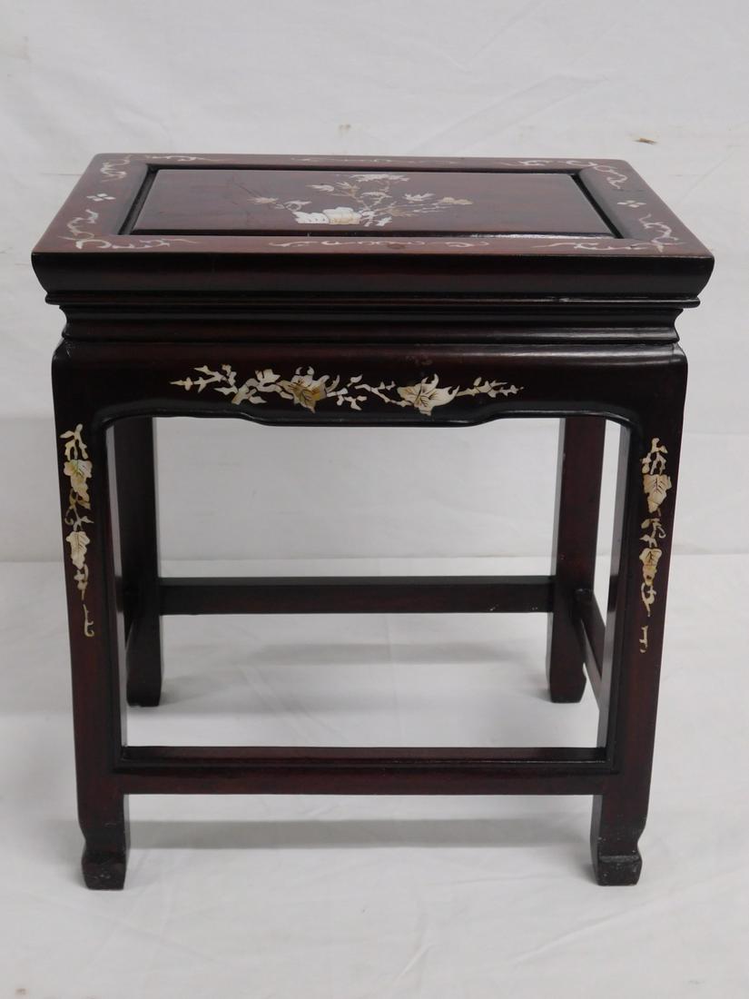 Chinese Tabluret: Chinese Tabluret, rosewood with mother of pearl floral and scroll inlay, circa 1960-70s. CONDITION: Very good, used. few surface scratches.