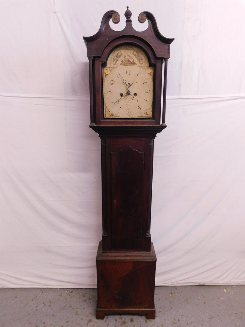 (Thomas) Dickenson Tall Case Clock: (Thomas) Dickenson Tall Case Clock, Boston, Lincolnshire, England, floral & pheasant painted dial, time, strike & calendar 2 weight movement, mahogany line inlaid case, swan's neck pediment, reeded co