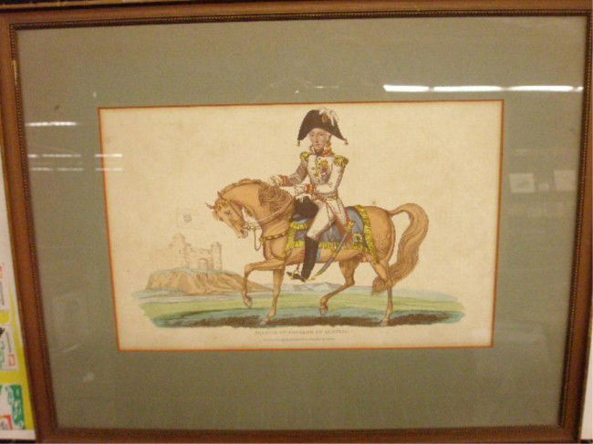 Francis II, Emperor of Austria Colored Etching: Framed c. 1815-1816 Francis II, Emperor of Austria, 9" x 14" hand colored etching, published by Richard Evans, Whites Row, Spitalfields, etched by John Romney & Charles James Canton, 16 1/2" x 21" ove