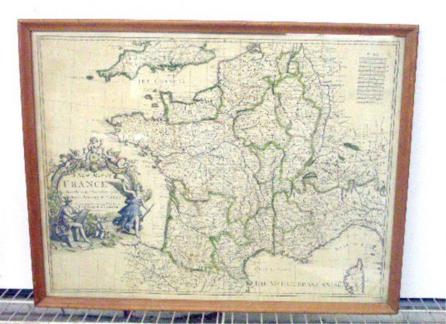 18th c. French Map: Framed 18th c. steel engraved & colored 18 1/4" x 23 3/4" "A New Map of France" by John Senex, 19 1/2" x 25 1/4" overall size framed.