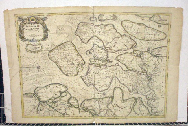 1692 Le Comte De Zeelande Map: Unframed c. 1692 steel engraved & colored 24 1/4" x 36 1/4" double folio map, "Le Comte De Zeelande" by Alexis Hubert Jaillot, depicting the Province of Zeeland in the Netherlands.