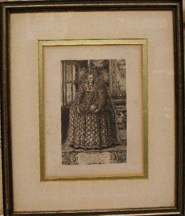 17th c. Elizabeth 1 Steel Engraving: Framed early 17th c. 9 1/2" x 7 1/2" steel engraving of Elizabeth I, queen of England, engraved by William Rogers after Isaac Oliver, 16" x 14" overall size framed