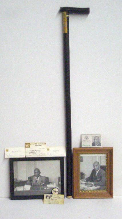 Robert Nix Cane, Photos & Business Cards: Robert N.C. Nix (1898-1987), first African American from Pennsylvania in the House of Representatives , presentation cane, photos & I.D. & business cards, 33" cane w/presentation note attached from Dr