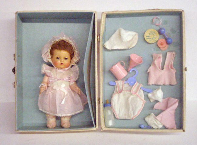 1960's American Character Tiny Tears Doll: 1960's American Character 11" Tiny Tears hard plastic & vinyl doll w/suitcase & accessories.