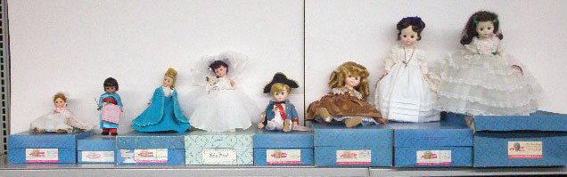 Contemporary Madame Alexander Dolls: 8 contemporary Madame Alexander dolls w/boxes, 8" Little Nanny Etticoat, 8" Japan, 10" Violetta, 10" A Day To Remember, 11 1/2" Lord Nelson, 13" Elsie Leslie, 15" Emily Dickinson & 14" Scarlet
