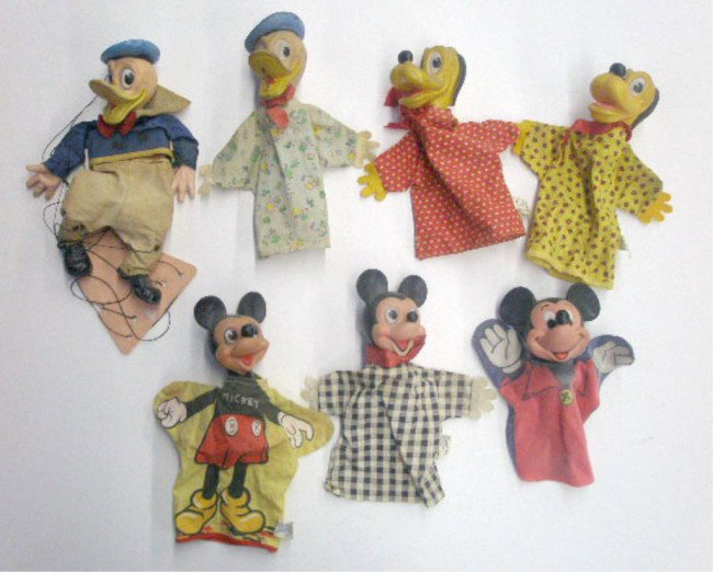 1960's Walt Disney Hand Puppets: Seven 1960's Gund Mfg. Co. Walt Disney hand puppets, 2 Donald Duck, 2 Pluto & 3 Mickey Mouse