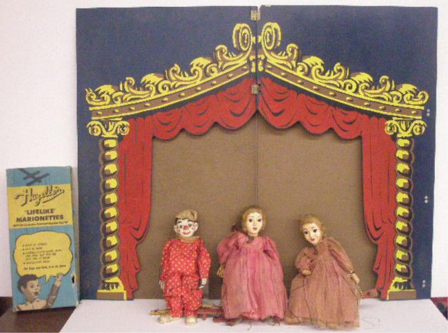 Vintage Marionettes & Theatre Background: 1930's Effanbee Clippo The Clown & two 1950's Hazelle's Cinderella, lifelike marionette dolls, box for Hazelle's #917 Magic Fairy & pressed wood theatre background.