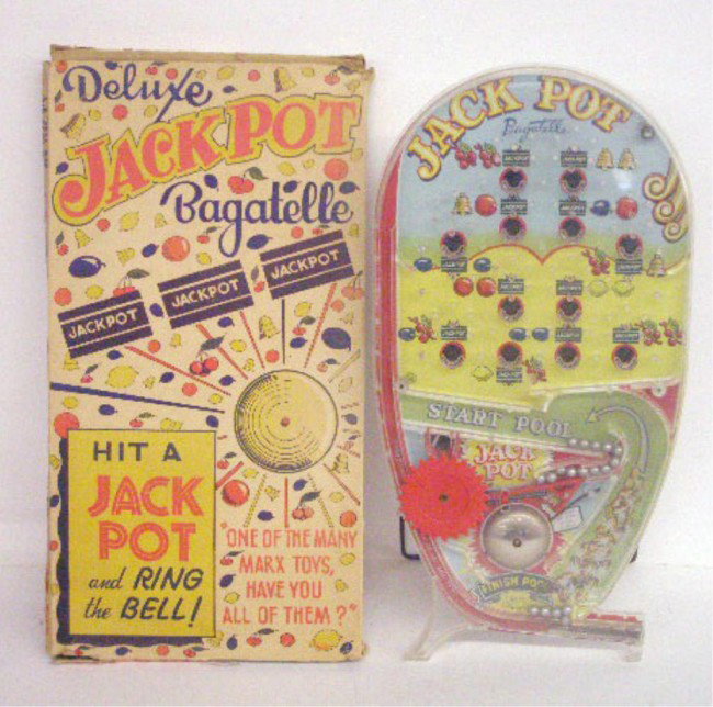 1950's Marx Deluxe Jack Pot Pinball Game: 1950's Louis Marx & Co. Inc. Deluxe Jack Pot bagatelle style pinball game w/box.