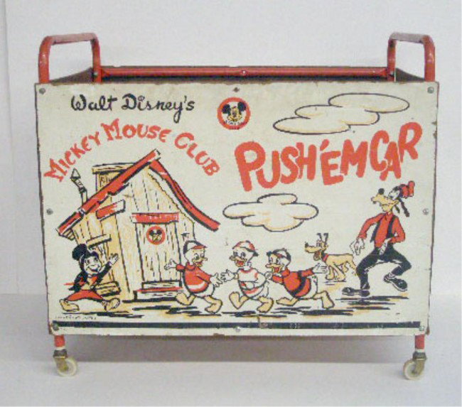 1950's Mickey Mouse Club Push Em Car: 1950's Walt Disney Mickey Mouse Club Push Em Car 24" x 16" x 22" toy box.