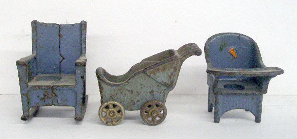 Kilogore Cast Iron Doll House Furniture: 1920's/1930's Kilgore Mfg. Co painted cast iron doll house furniture, 2 1/4" potty chair, 2 1/2" rocking chair & 3" carriage.