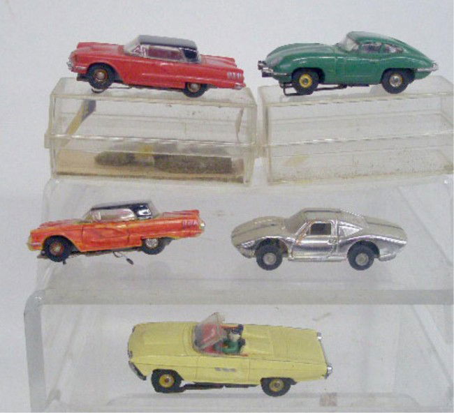 1960's Aurora HO Scale Slot Cars: Five 1960's Aurora HO scale plastic slot cars, 2 w/plastic cases.