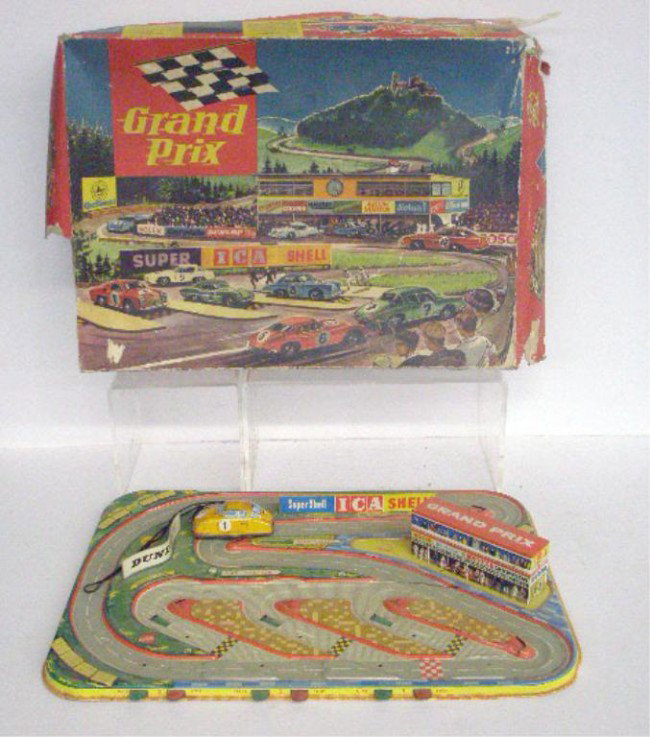Technofix Tin Wind-Up Grand Prix Race Set: 1950's Technofix West German lithographed tin wind- up #302 Grand Prix Race Set w/box.