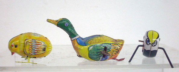 1950's & 1960's Japanese Tin Wind-Up Toys: 1950's & 1960's Japanese lithographed tin wind-up toys, Haji 2" chick, Inalata 4" duck & unmarked 1 1/2" spider (?).