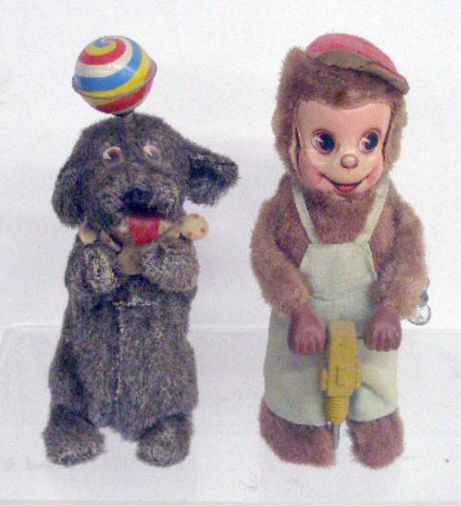 1950's Japanese Wind-Up Dog & Monkey: 1950's Japanese tin & plush wind-up 7" dog w/ball & 7" Jackhammer Monkey.