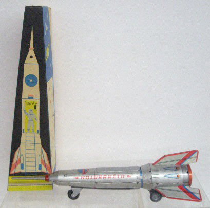 Vintage Russian Tin Friction Rocket Ship: Vintage Russian lithographed tin friction 15 1/2" Holdraketa rocket ship w/box.