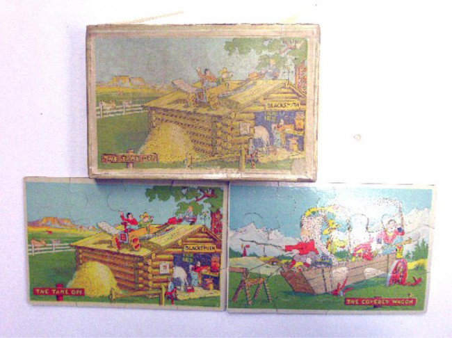 1920's Madmar Quality Co. Children's Puzzles: 1920's Madmar Quality Co. The Take Off & The Covered Wagon lithographed children's puzzles w/box.