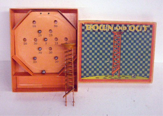 Milton Bradley Down And Out Marble Game: 1928 Milton Bradley Company Down And Out marble game w/box.