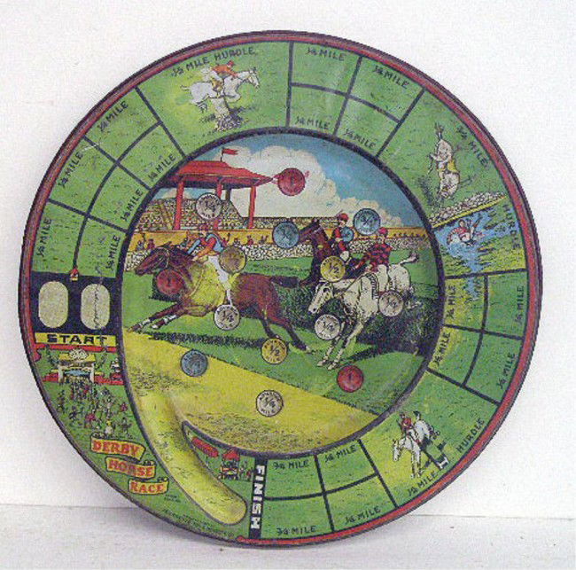 1920's Derby Horse Race Marble Game: 1920's Jeannette Toy & Novelty Co. lithographed tin 10" Derby Horse Race marble game board.