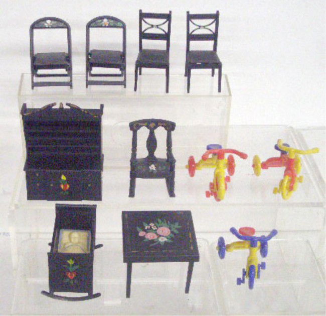 1950's Renwal Doll House Furniture: 1950's Renwal plastic doll house furniture, rocking chair, baby crib w/baby, folding table & 2 chairs, 2 dining room chairs, hutch & three #7 tricycles.
