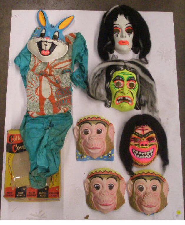 1950's & 1960's Halloween Masks & Costume: 1950's & 1960's Halloween costume masks & boxed Collegville Costume Bugs Bunny costume size small.