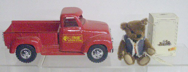 Steiff Delivery Bear Set: 1997 Steiff 6 1/4" #66526 Mohair Delivery Bear w/box & 12" pressed steel truck.