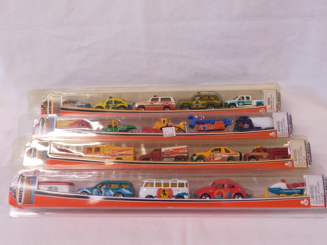 Matchbox Here City Tubed 5 Packs NIP: Matchbox Here City Tubed five Packs, new old stock, in square clear plastic tubes including: No. 1 - Fire Emergency vehicles, No. 7, Fire Chief vehicles, No. 9 - construction vehicles and No. 10 - Mou