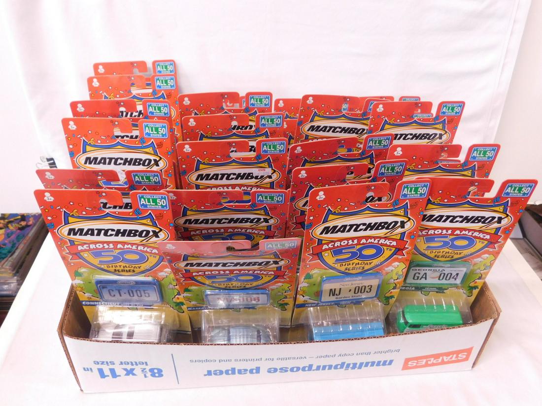 Matchbox Across America NIP: Matchbox Across America, new old stock, 50th Birthday series including: three 003, N.J., two 004, Ga. one 005, Ct., seventeen oo6, Mass; four 010, Vs; one 013, R.I.; one 018, La; one 020, Miss; one 02