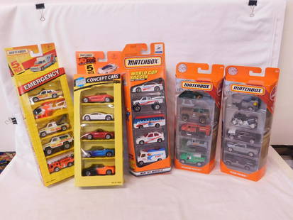 5 Matchbox 5 Car Sets NIB: Five Matchbox five Car Sets, new old stock including: 1993 emerge4ncy, 1996 Exclusive Designs concept cars, 1998 World cup soccer and 2019 Texas Patrol and Wildfire Rescue. CONDITION: New old stock, b