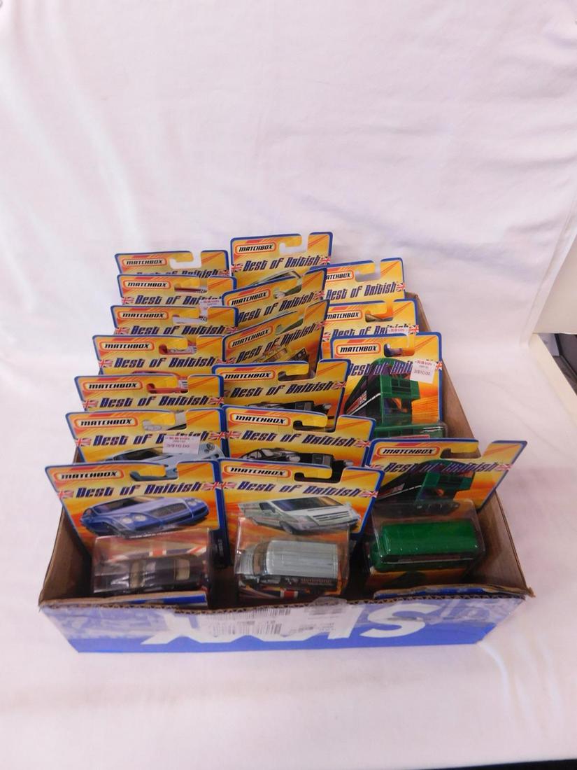 Matchbox Best of British NIP: Matchbox Best of British, new old stock, 2008, single vehicle pack with original box, series of 12 (with duplicates) including: 01, 02, 03, two 04, two 05, 06, two 07, 08, two 09, two 10, 11 and 12. C