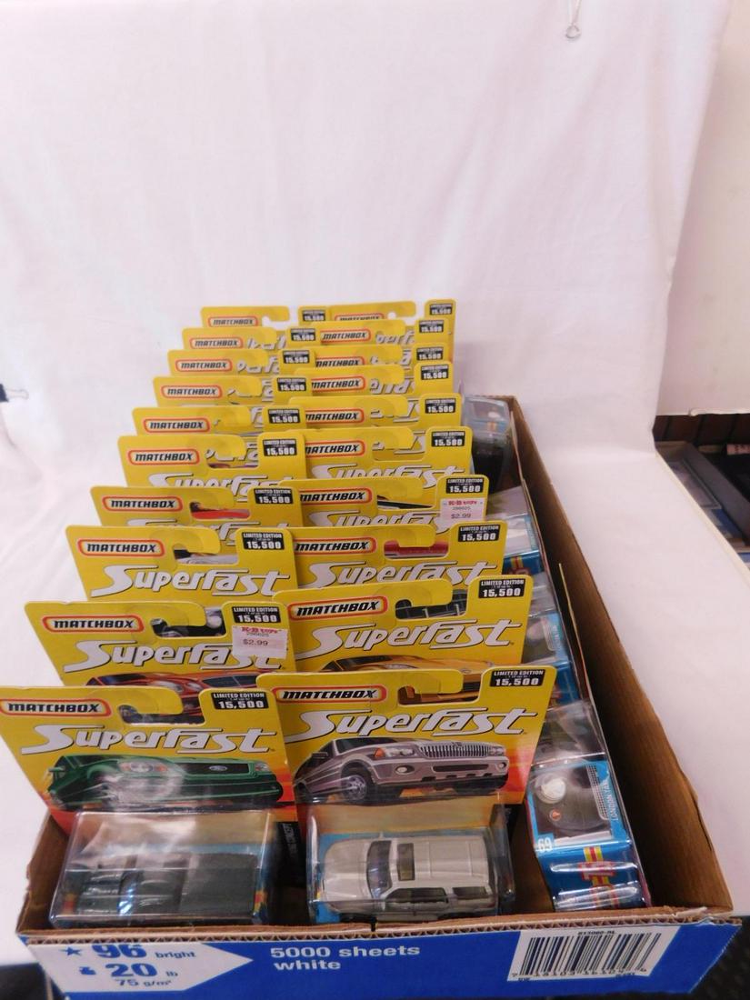 Matchbox Superfast Vehicles NIP: Matchbox Superfast Vehicles, new old stock, Superfast (white letters) including: No. 2, 11, 16, two 20, 23, 26, 28, (2) 29, 31, 32, 34, 39, 50, (2) 51, (3) 56, 64 and (2) 69, 2007, limited edition of