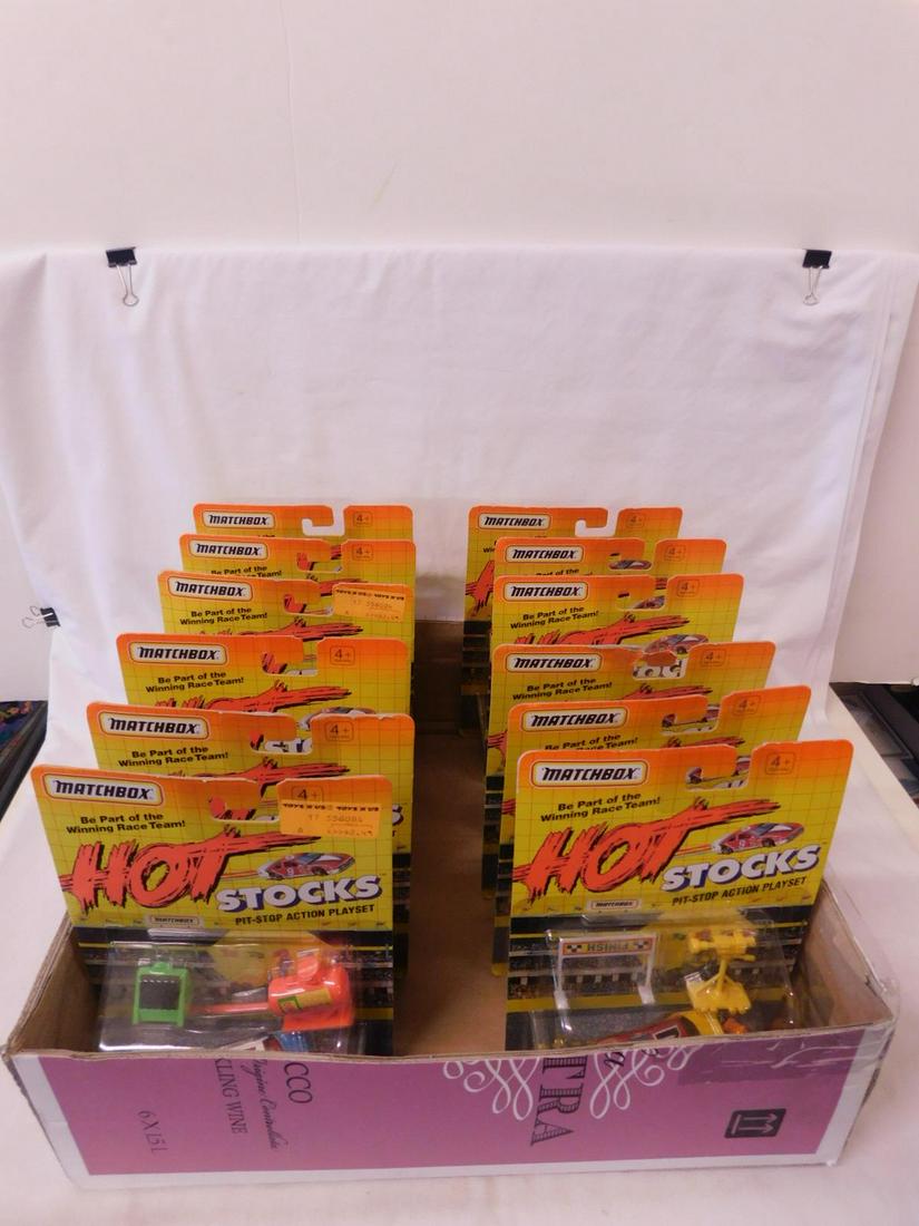 Matchbox Hot Stocks NIP: Matchbox Hot Stocks, new old stock, Pit - Stop Action Playsets, "Be Part of The Winning Race Team", includes: two sets of six (total twelve sets) including: #1 - Matchbox Racing, #3 - Champion, #4 - C