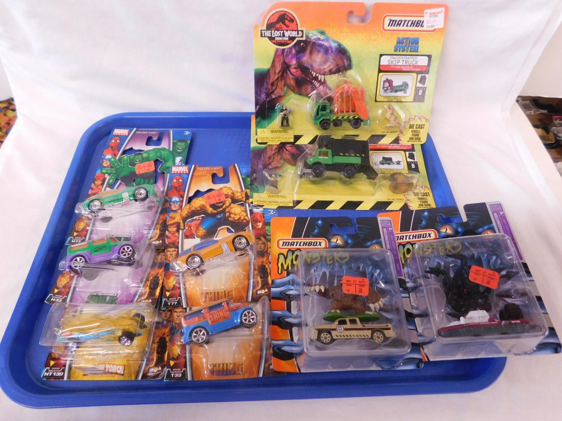 9 Matchbox Marvel Figures Cars NIP: 9 Matchbox Marvel Figures Cars NIP, new old stock including: (5) Marvel Hero cars, (2) Thing, (2) Hulk (all different vehicles), (2) The Lost World - Tracker/Trapper Rescue truck and Skip Truck, plus