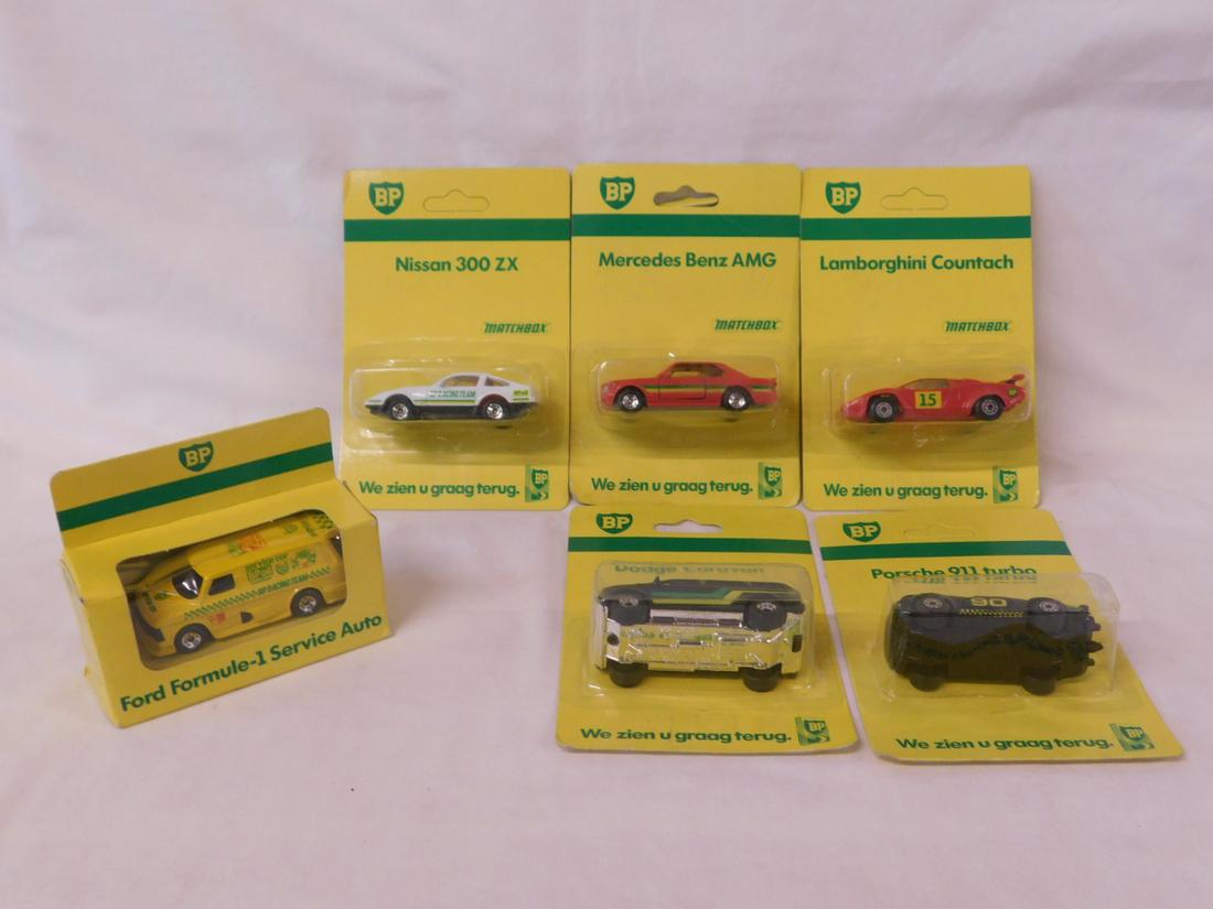 6 Matchbox BP Vehicles NIP: 6 Matchbox BP Vehicles NIP, new old stock, BP Netherlands Dutch Promo cars, 1:64, diecast, 1988, Nissan 300 ZX, Porsche 911 turbo, Dodge Caravan, Lamborghini Countach, Mercedes Benz AMG, Ford Formula