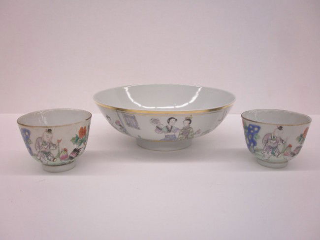 Chinese Porcelain Group: Chinese porcelain group, signed 7 1/4" x 2 1/2" bowl & two signed 2 1/4" x 3" tea cups, 19th c.