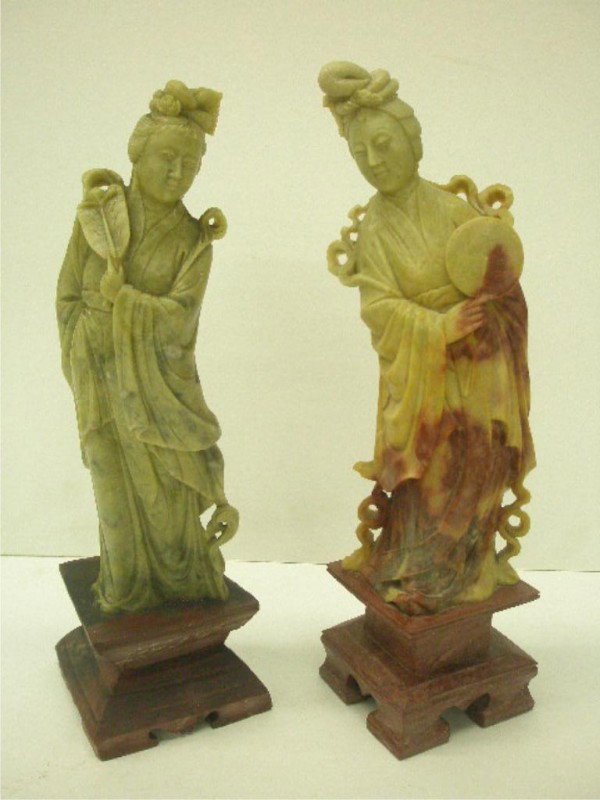 Chinese Soapstone Goddess Carvings: Two Chinese soapstone goddess carvings, late 20th c., hgt 12" and 11 1/2".