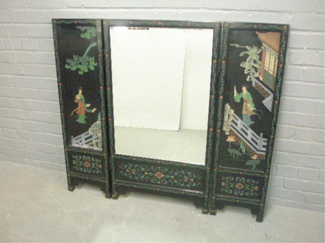 Chinese 3 Part Fire Screen: Chinese 3 part fire screen, polychromed incised figures & flowers mirrored center, mid 20th c., 41" x 36 1/2"