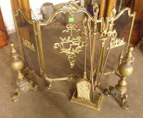 Fireplace Ensemble: Fireplace ensemble includes: Louis XV style firescreen, pr brass scroll foot andirons,& toools.