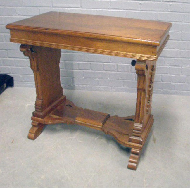 Victorian Walnut Draftsman Table: Victorian draftsman table, walnut, adjustable height lift top with fitted interior, one fold down top support, removable book support, late 19th c., 29 1/2" x 17" x 28 1/4".