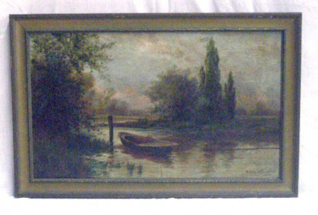 Howell Wilson Oil On Canvas: Howell Wilson signed oil on canvas, rowboat at anchor, 12"h x 20"w=image, 14 1/2"h x 22 1/2"w=frame.