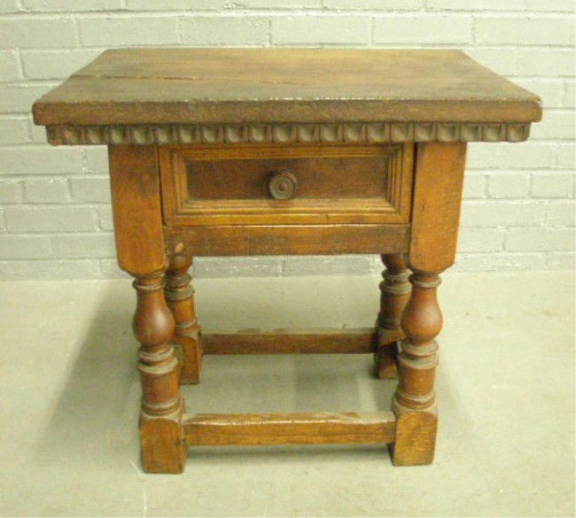 19th c. Tudor Style Small Scale Table: Tudor style small scale table, mixed woods, 19th c., 23 1/8" x 16 1/8" x 23".